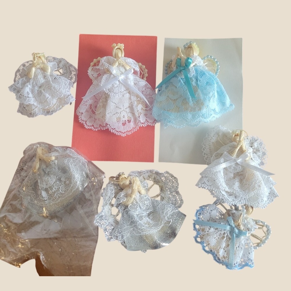 Angel Brooch Pins Lot of 6 Vintage Lace Straw Farmhouse Guardian White Blue